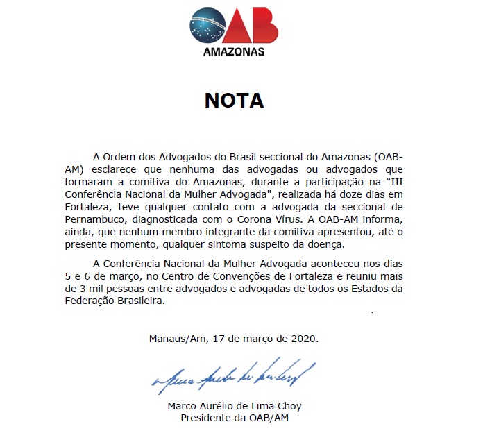 OAB-AM afirma que nenhum membro contraiu coronavírus no Ceará