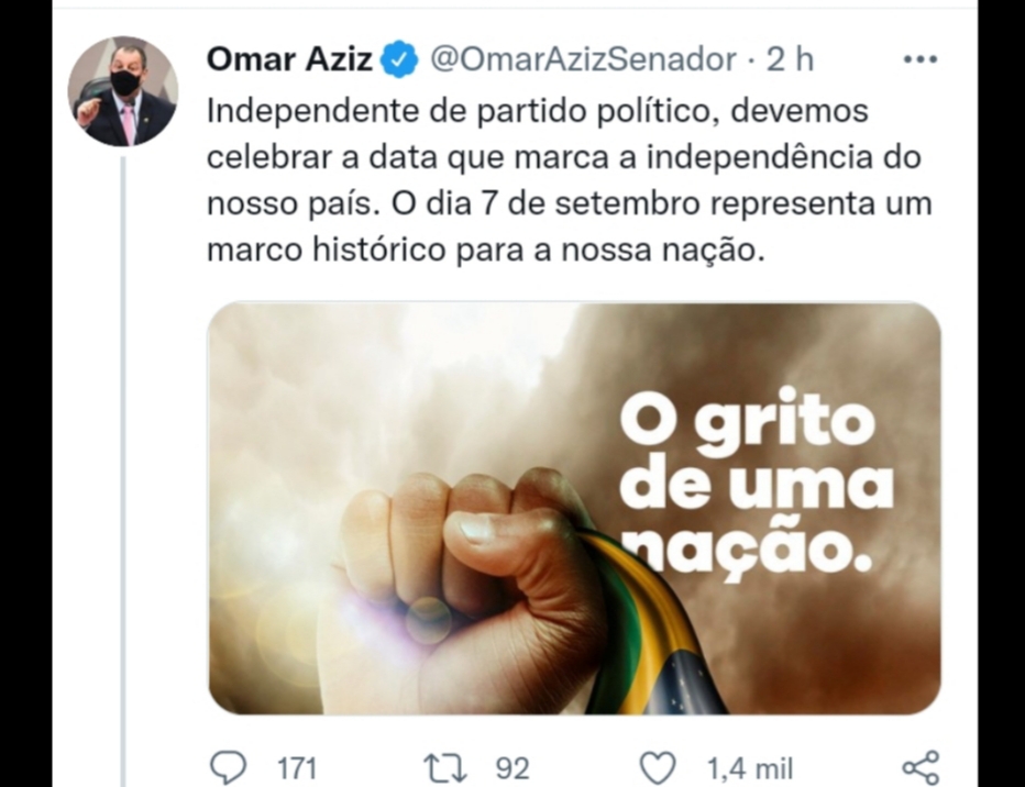Omar Aziz diz que é momento de união em busca da ordem e progresso