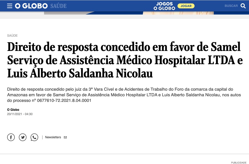 O Globo dá terceiro direito de resposta à samel contra o globo