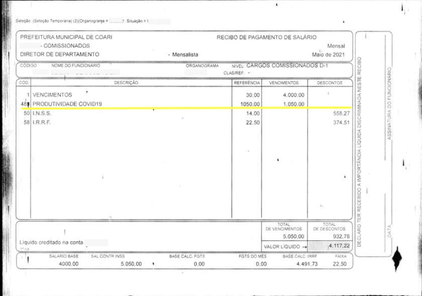 Contracheque com gratificação a servidores da Prefeitura de Coari