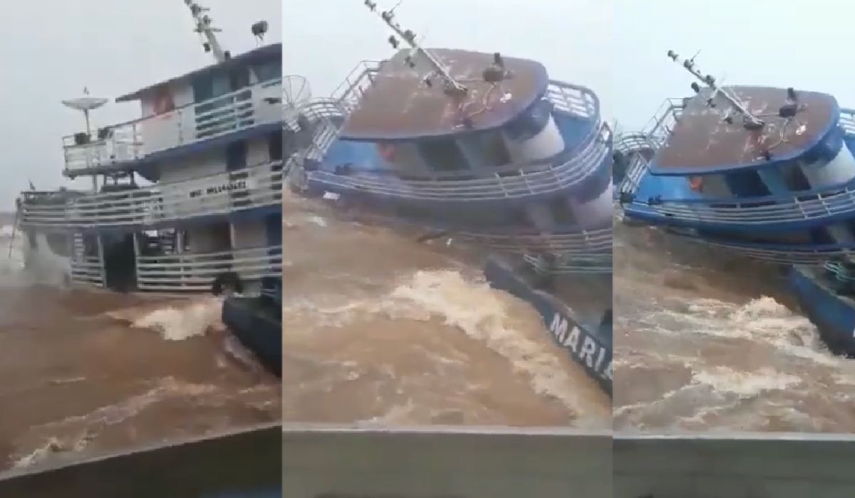 Vídeo flagra naufrágio de barco durante vendaval no Encontro das Águas