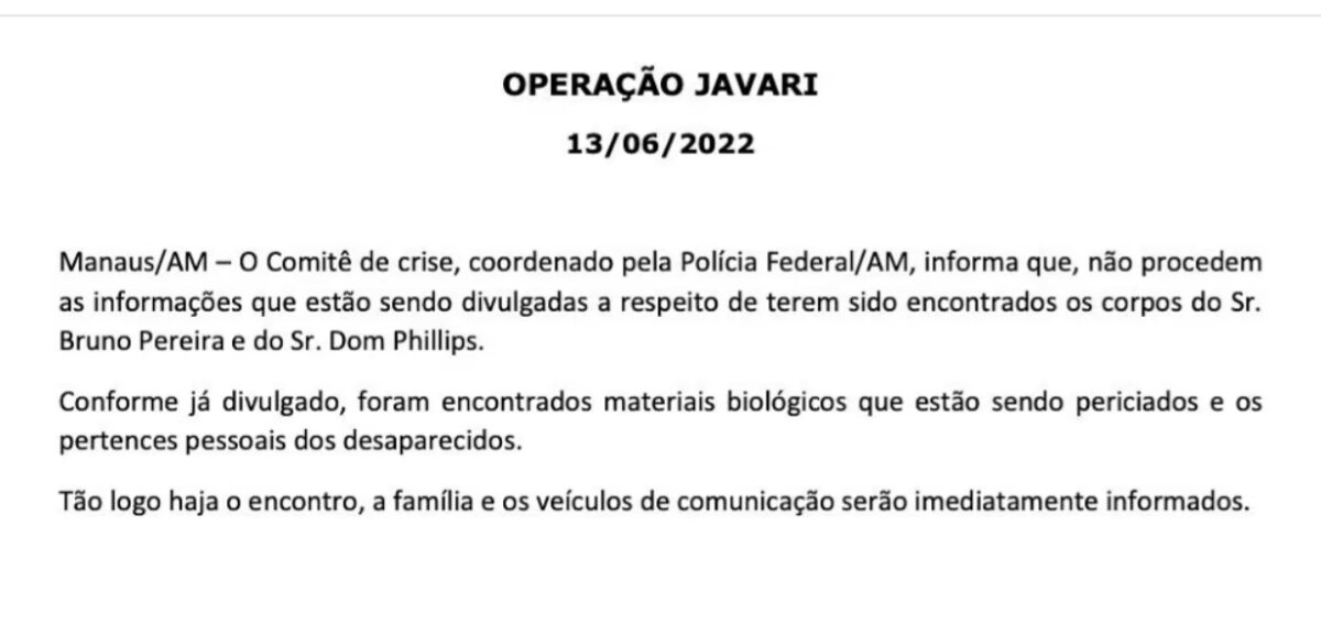 PF não confirma que corpos sejam de desaparecidos no Vale do Javari