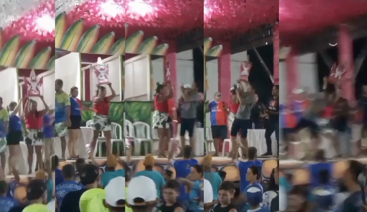 Troféu jogado no chão no festival foclórico de fonte boa