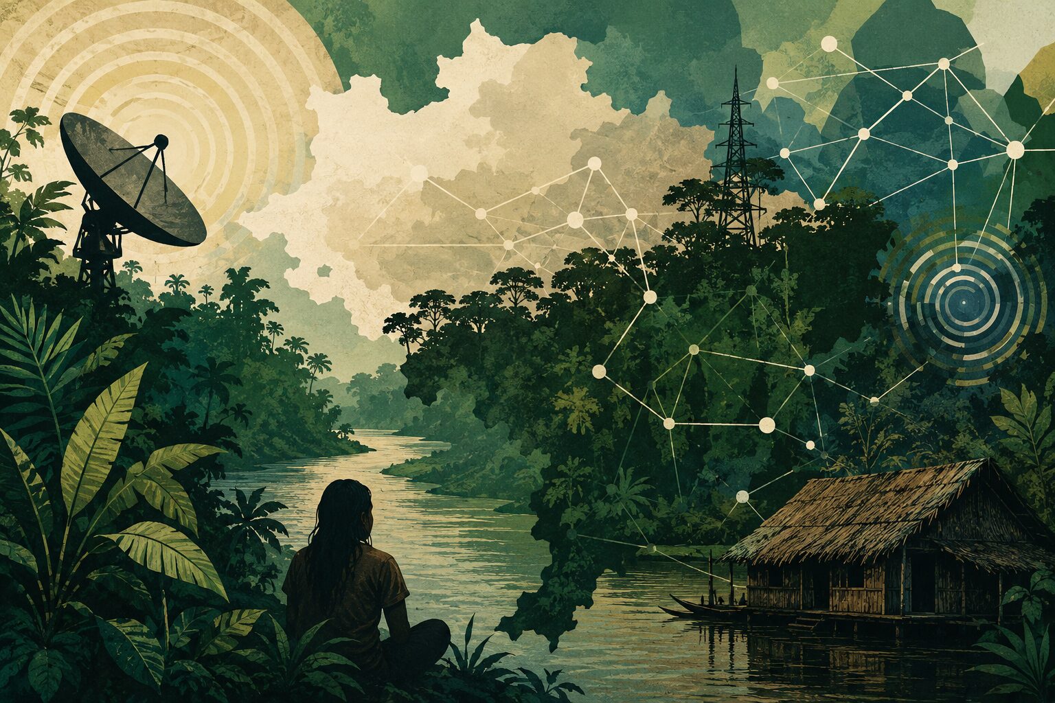 Ilustração abstrata da Amazônia com elementos de comunicação e conectividade.
